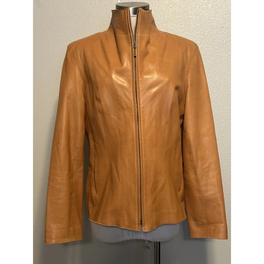 COLE HAAN 100%‎ Lambskin Leather Wing Collar Zip Jacket Camel Beige Women Sz 14